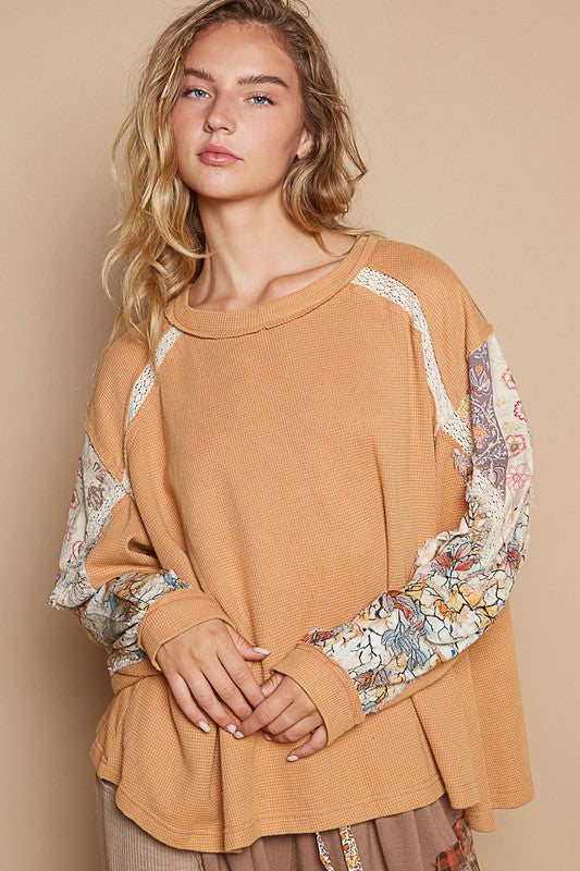 Waffle-Knit Lace Detail Round Neck Top