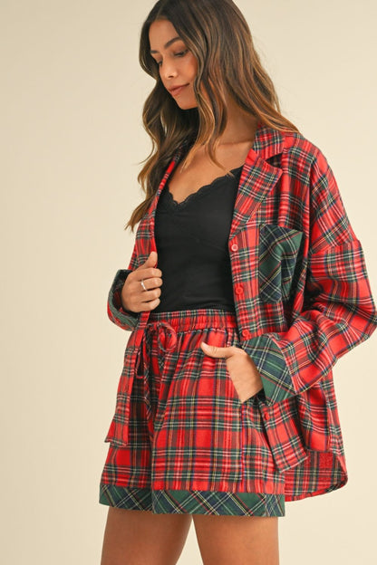 Contrast Plaid Long Sleeve Top and Shorts Set