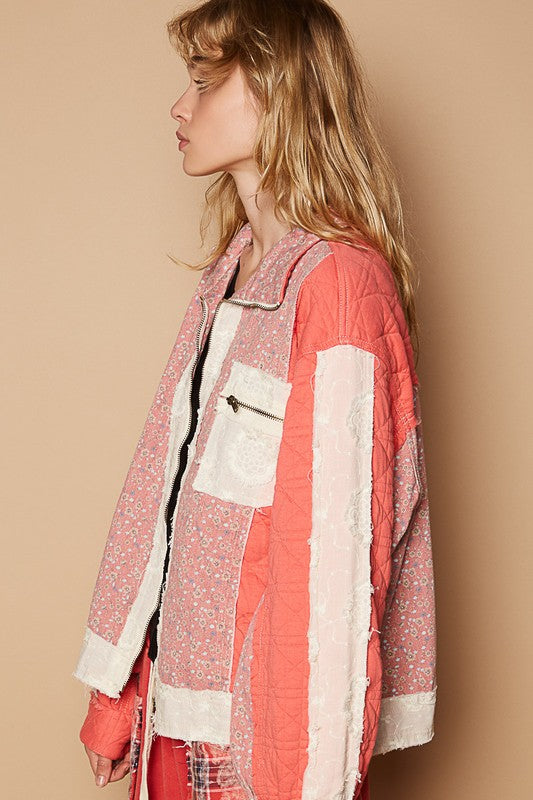 Floral Patchwork Zip Up Long Sleeve Jacket