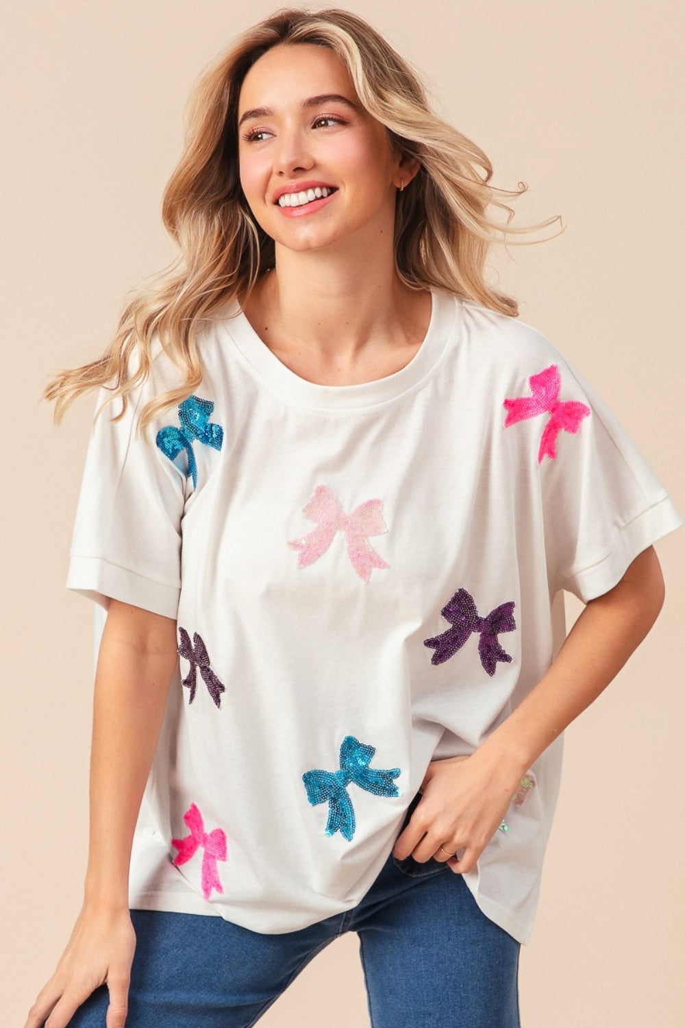 Sequin Bow Patch Short Sleeve T-Shirt