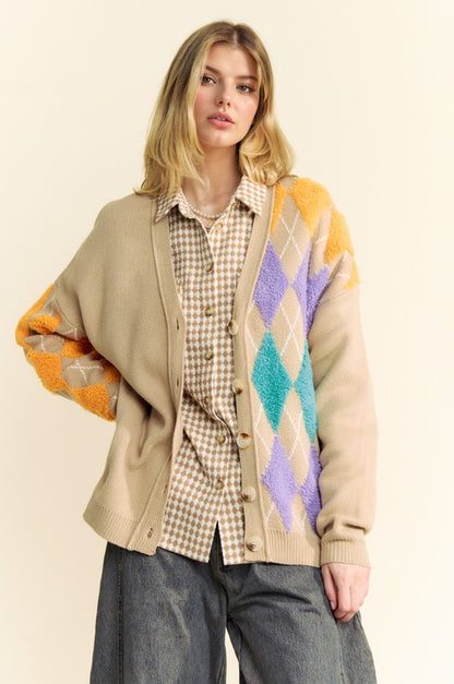 Argyle V-Neck Dropped Shoulder Cardigan