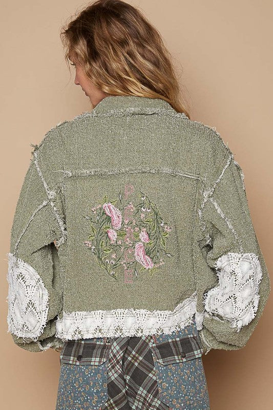 Crochet Patch Embroidered Button Up Jacket