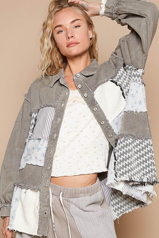 Raw Hem Patchwork Dropped Shoulder Jacket