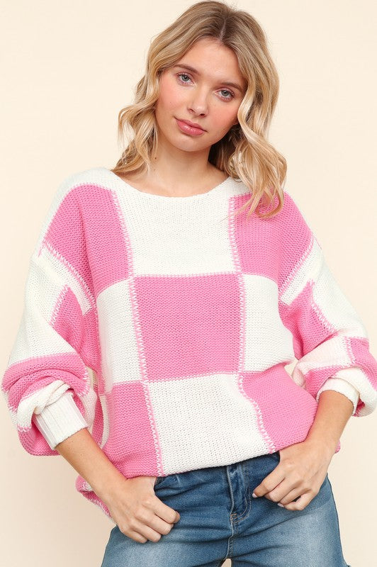 Full Size Checkered Round Neck Drop Shoulder Sweater