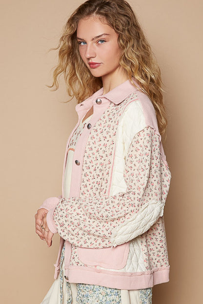 Floral Exposed Seam Button Up Quilted Jacket