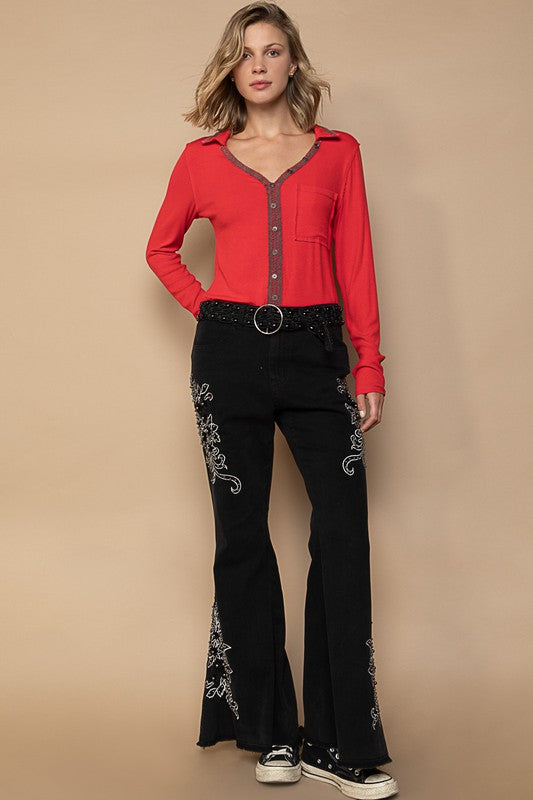 Raw Hem Embroidered Flare Pants