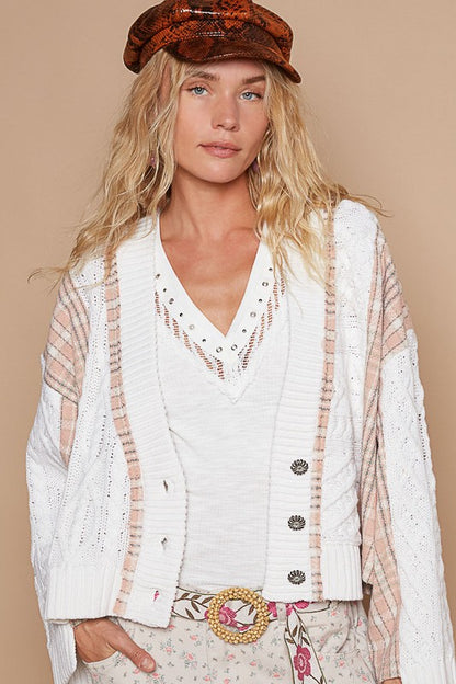 Cable-Knit Plaid V-Neck Button Up Cardigan