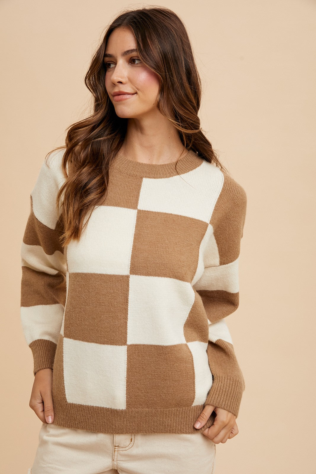 Checkered Round Neck Dropped Shoulder Sweater