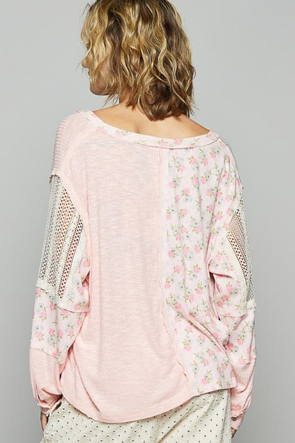 Floral Crochet Patch V-Neck Top