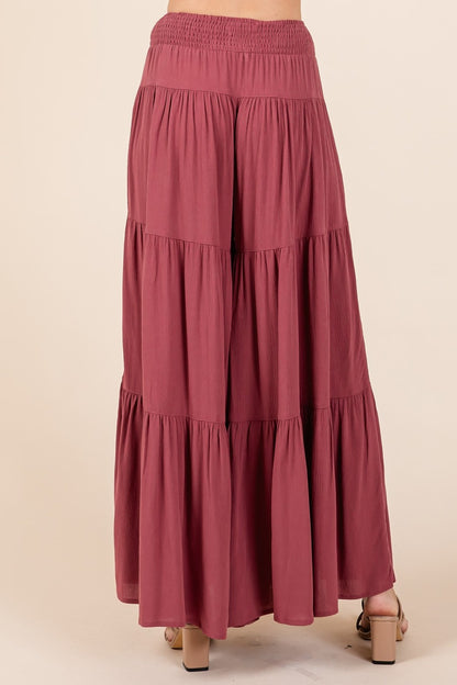 Tier Detail Smocked Elastic Waist Wide Leg Pants