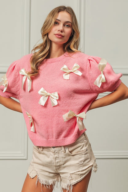 Ribbon Bow Detail Puff Sleeve Sweater