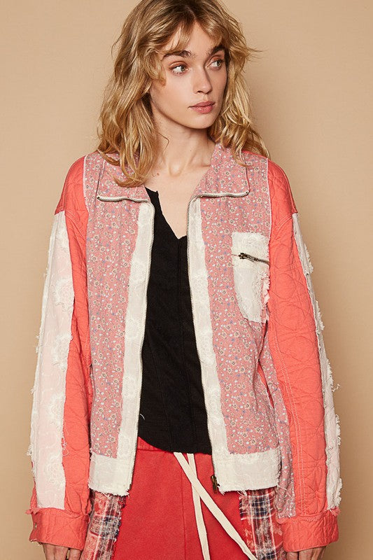 Floral Patchwork Zip Up Long Sleeve Jacket