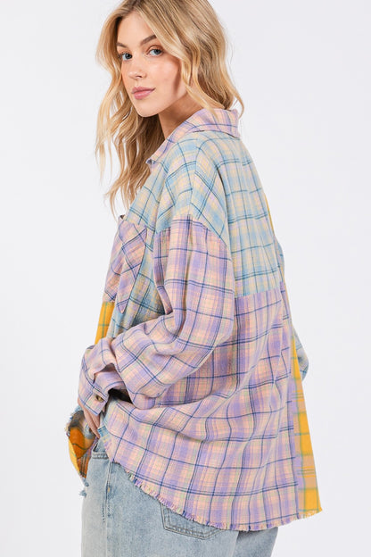 Button Up Raw Hem  Plaid Flannel Shirt