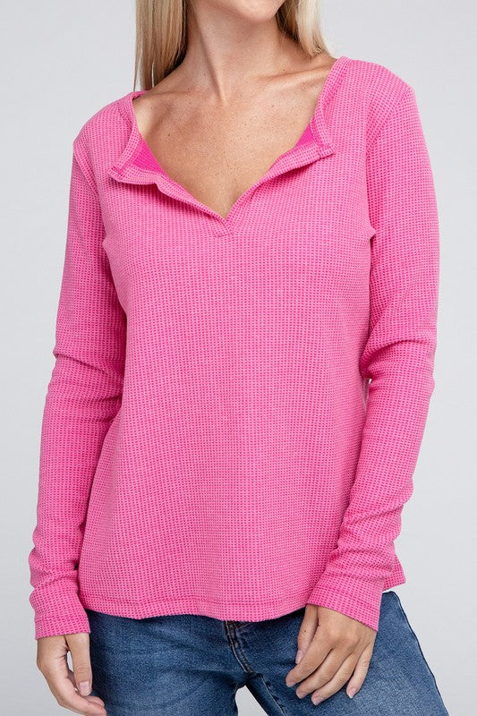 Melange Baby Waffle V-Neck Long Sleeve Top