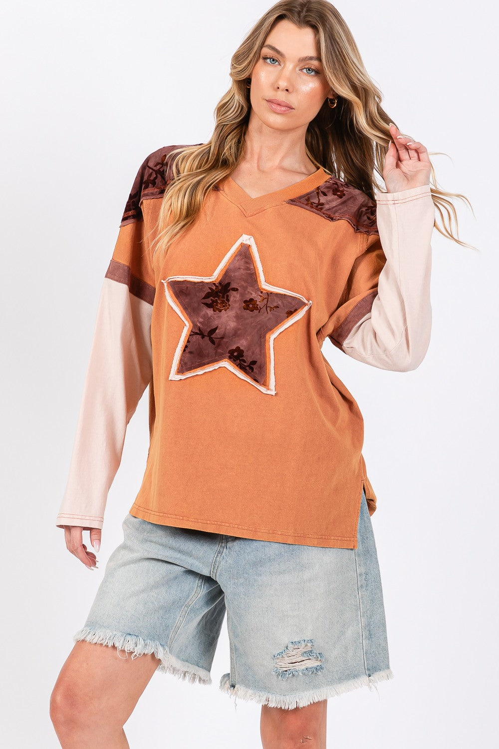 Star Patch Long Sleeve Color Block T-Shirt