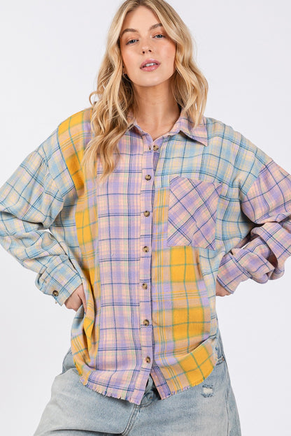 Button Up Raw Hem  Plaid Flannel Shirt