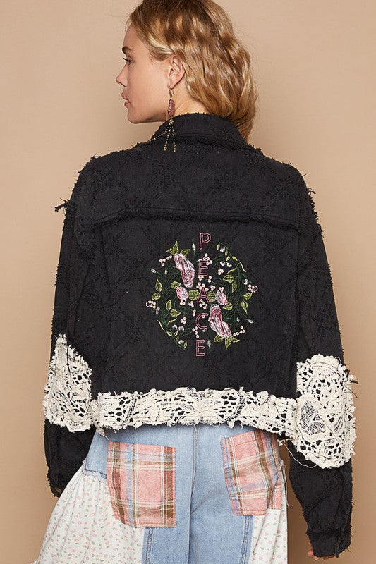 Crochet Patch Embroidered Button Up Jacket