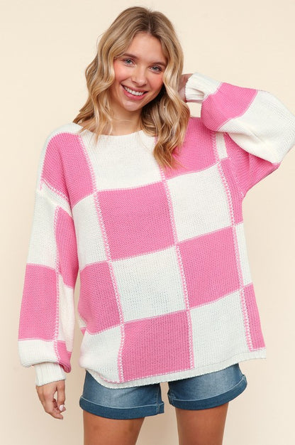 Full Size Checkered Round Neck Drop Shoulder Sweater