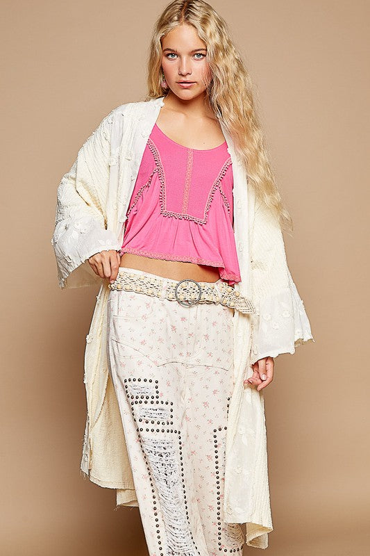 Flower Lace Trim Open Front Longline Cardigan