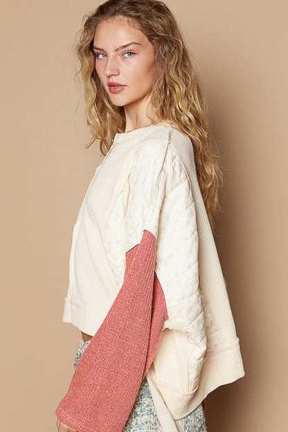 Waffle-Knit Contrast Notched Long Sleeve Knit Top