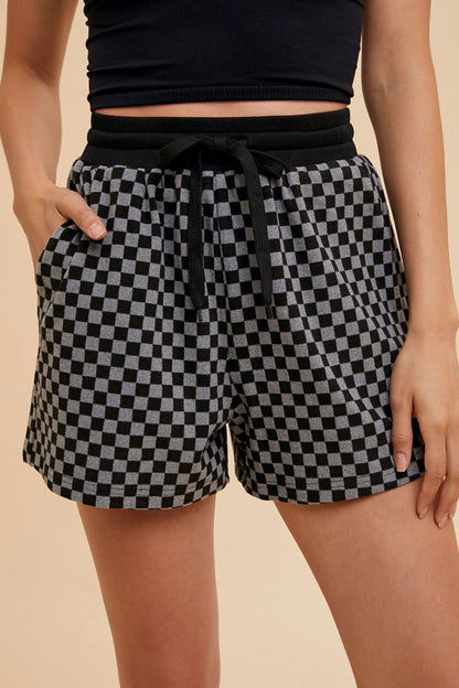 Checkered Round Neck Top and Drawstring Shorts Set