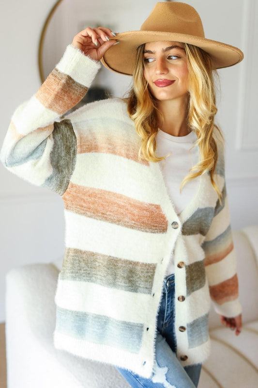 Full Size Button Down Stripe Soft Fuzzy Sweater Cardigan