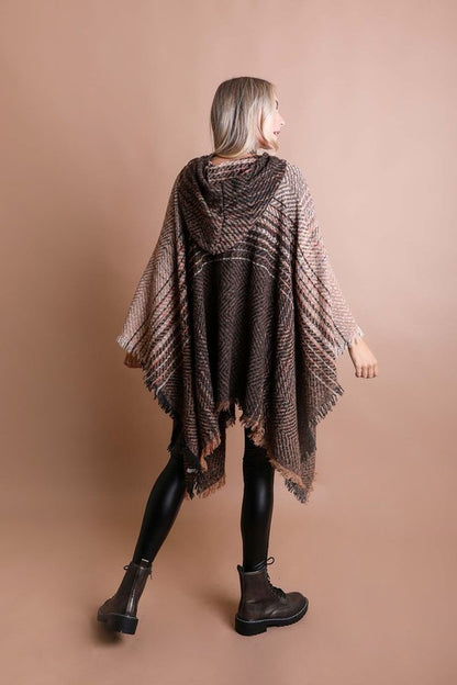 Herringbone Tweed Hooded Frayed Edge Poncho