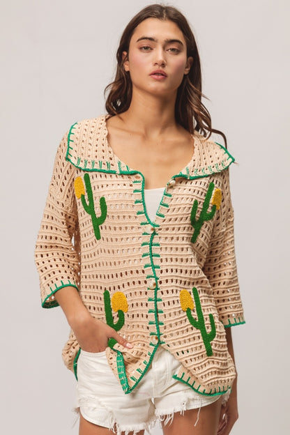 Edge Stitched Cactus Patch Cardigan