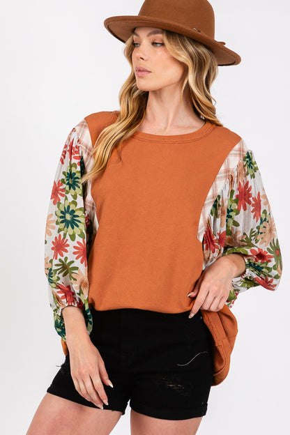 Full Size Printed Balloon Sleeve Contrast Top