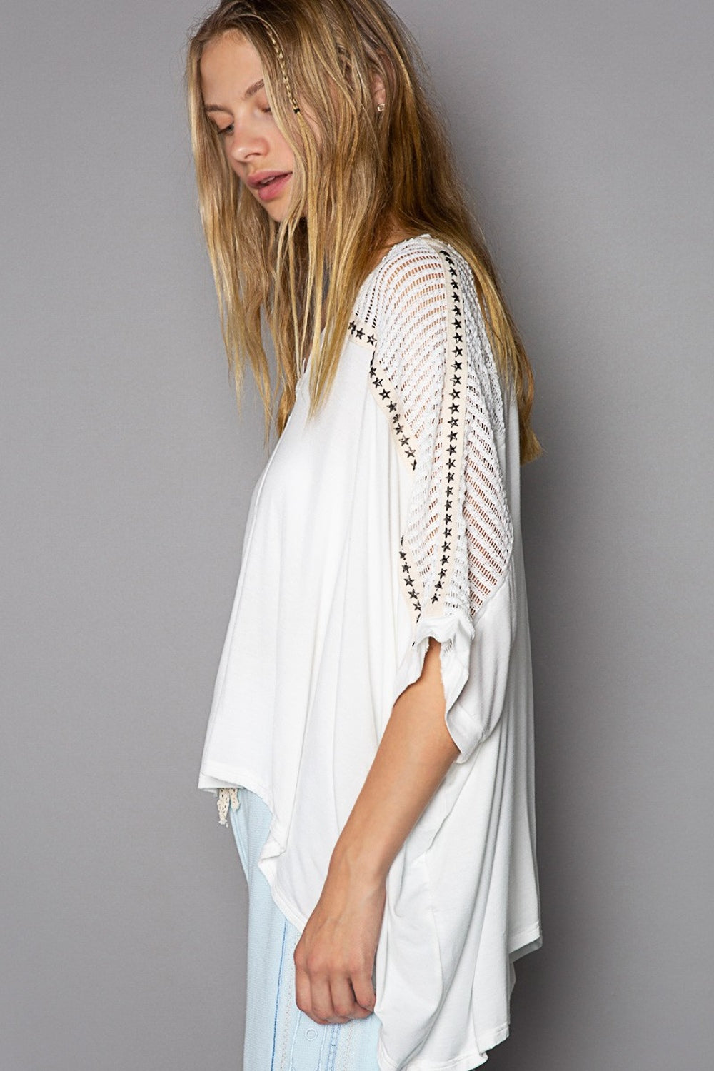 Oversize V-Neck Crochet Lace Contrast Studded Top