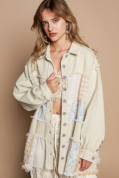 Raw Hem Patchwork Dropped Shoulder Jacket