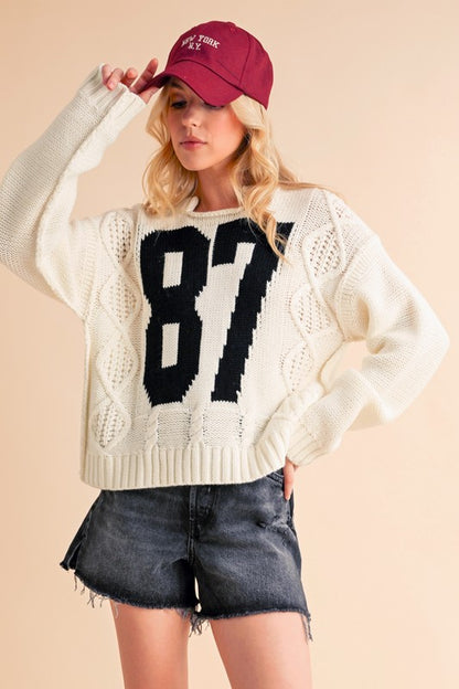 Contrast Number Cable Knit Drop Shoulder Sweater