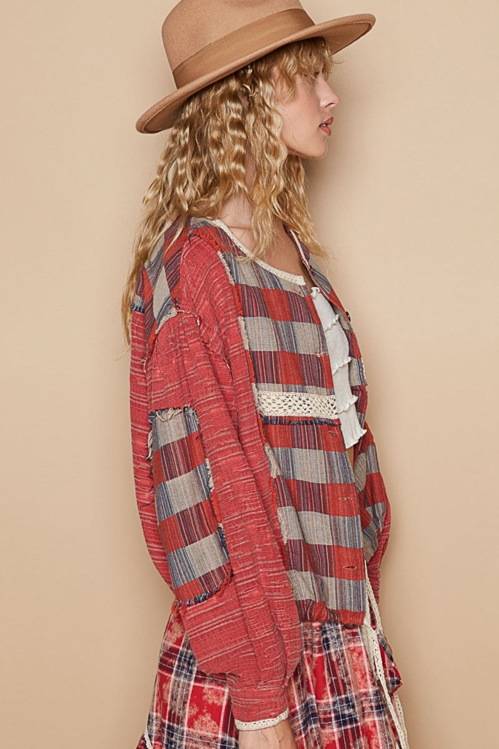 Round Neck Long Sleeve Plaid Shirt