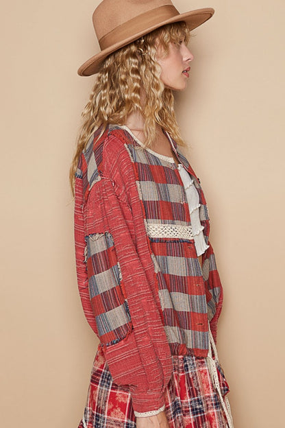 Round Neck Long Sleeve Plaid Shirt