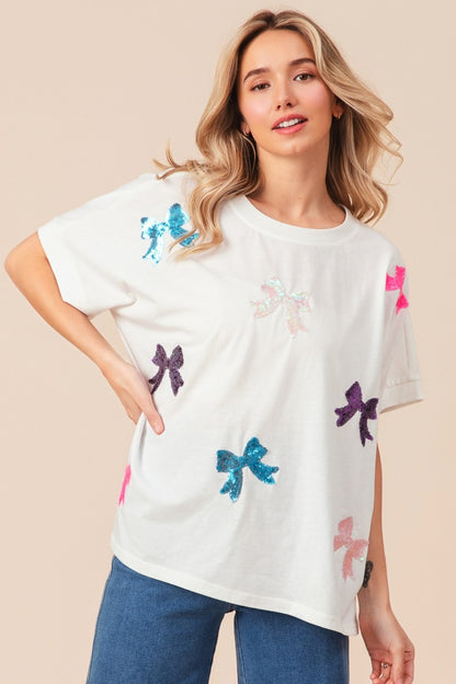 Sequin Bow Patch Short Sleeve T-Shirt