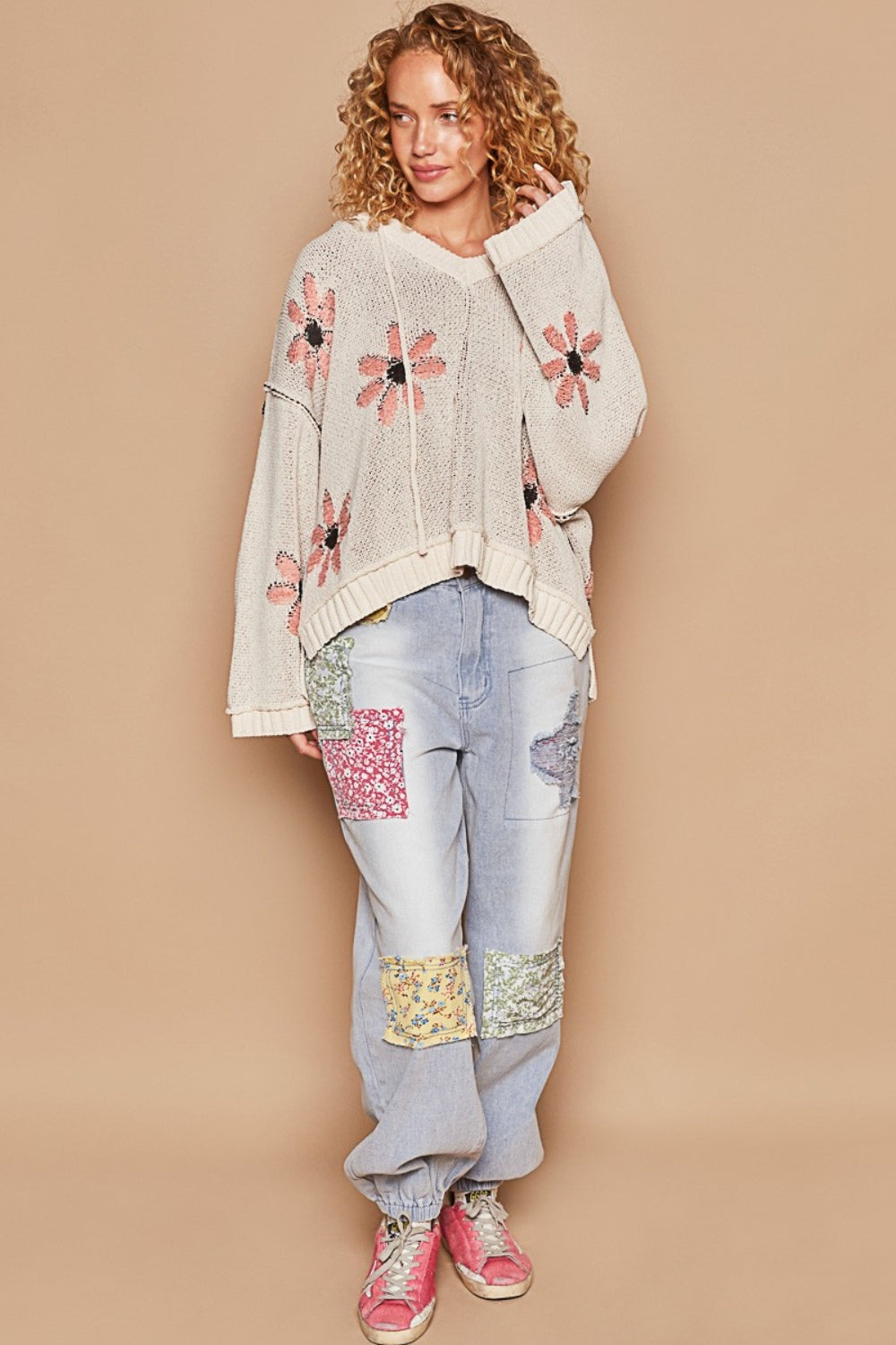 Floral Pattern Hooded High-Low Sweater