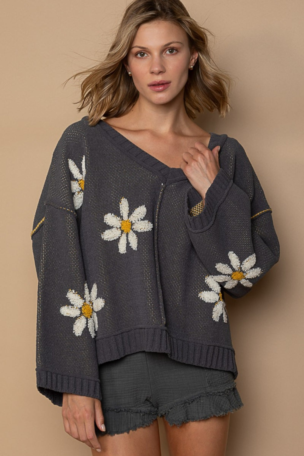 V-Neck Floral Pattern Chenille Sweater