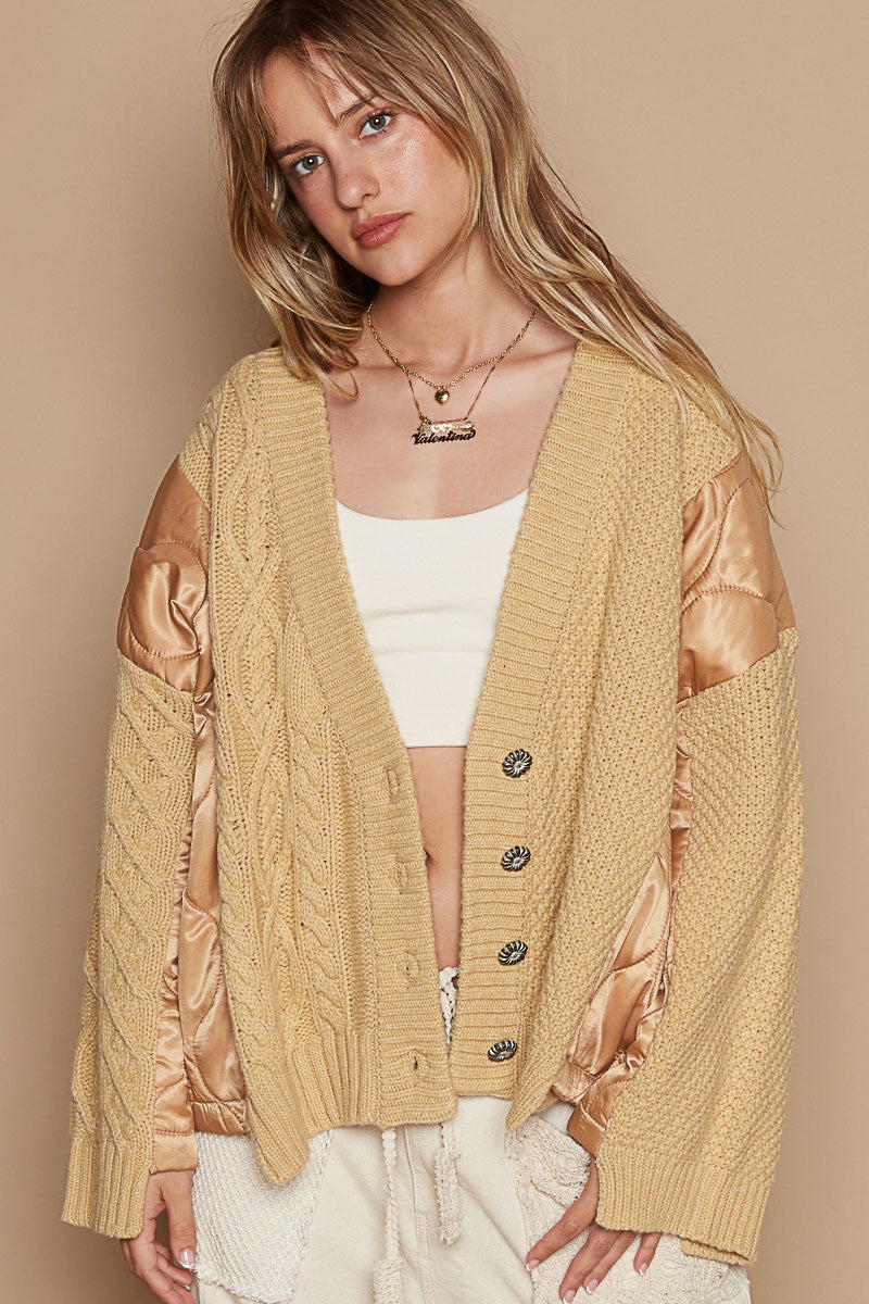 Quilting Patch Button Up Cable Knit Jacket