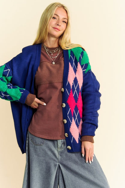 Argyle V-Neck Dropped Shoulder Cardigan