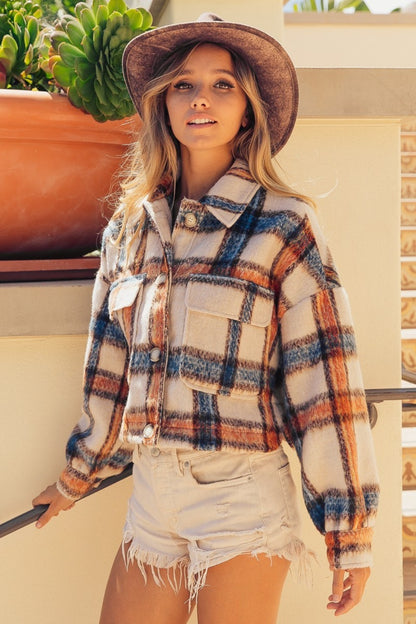 Brushed Plaid Crop Jacket with Pockets