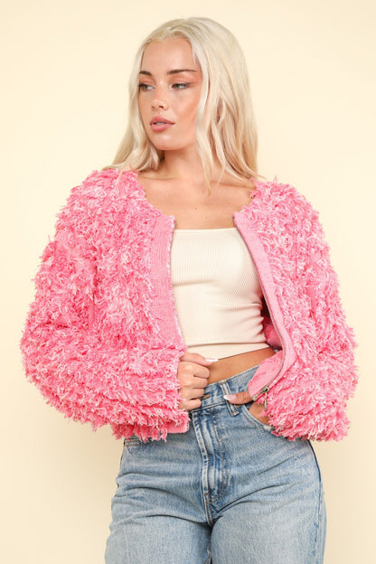 Shaggy Yarn Knit Zip Up Jacket