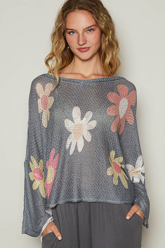 Flower Dropped Shoulder Long Sleeve Knit Top