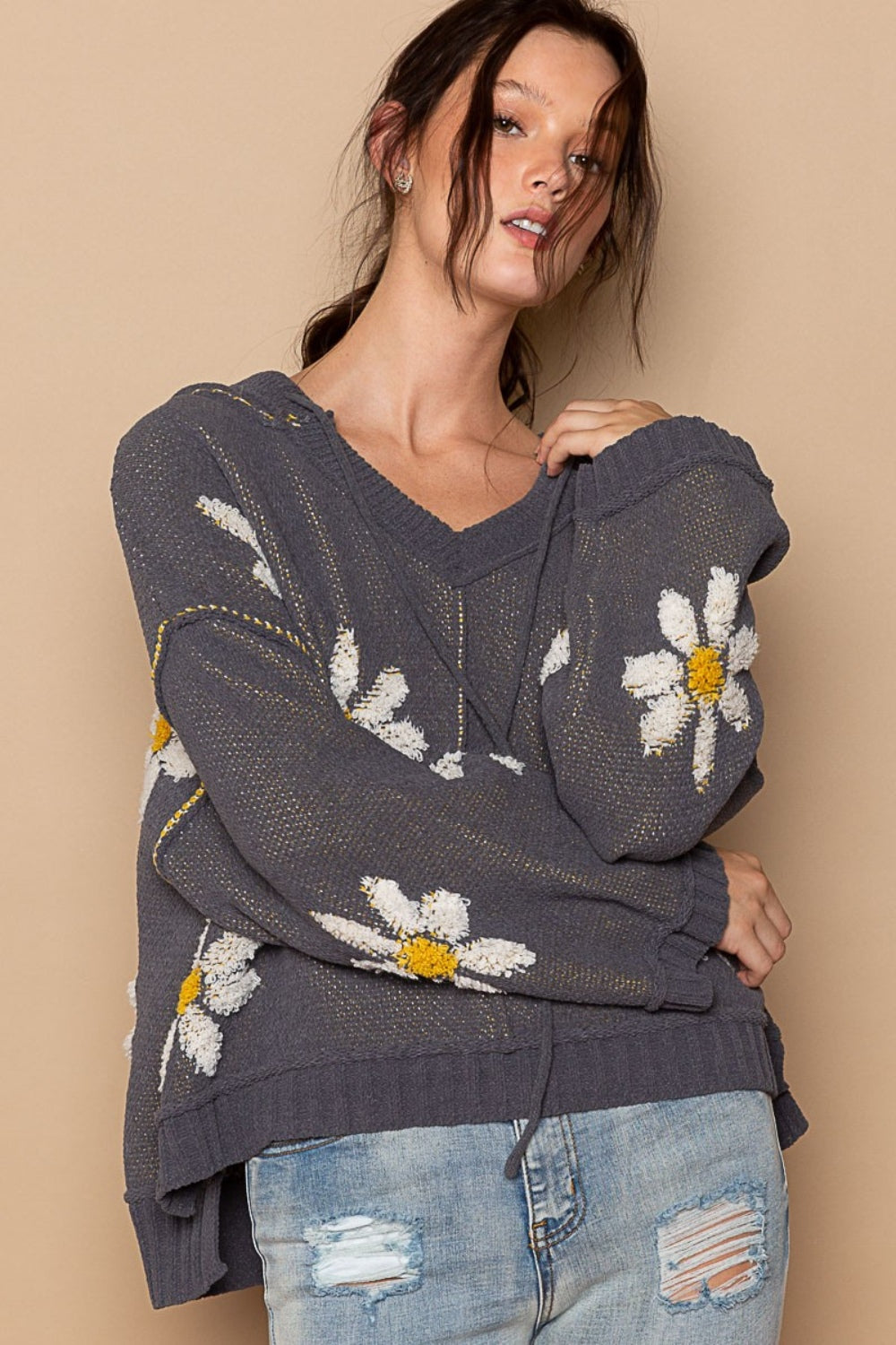 Floral Pattern Hooded High-Low Sweater