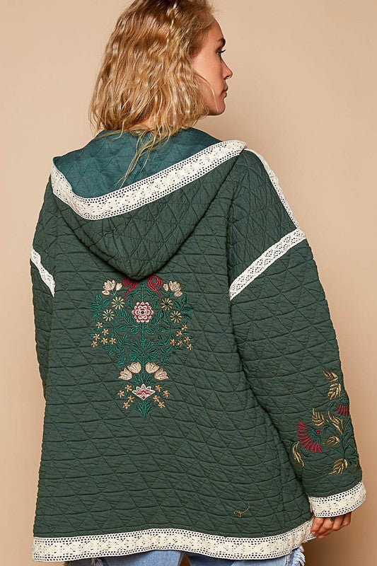 Embroidered Open Front Quilted Jacket with Crochet Pockets