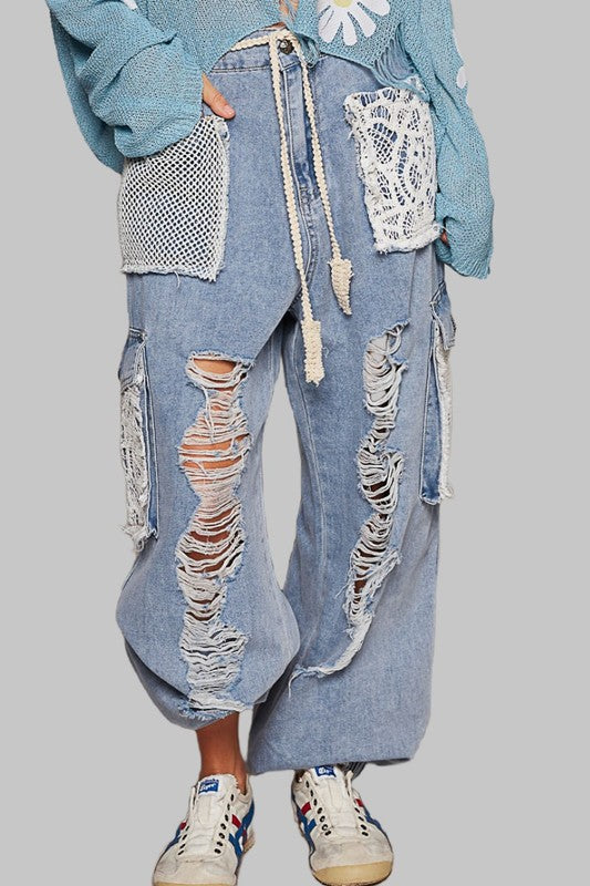 Crochet Patch Distressed Washed Jeans