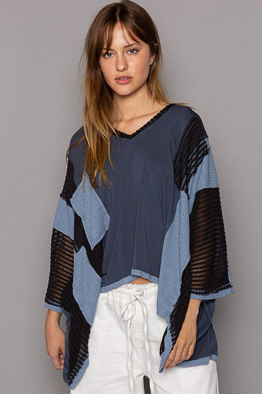 High-Low Contrast V-Neck Top