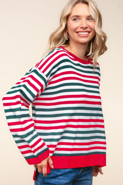 Full Size Striped Contrast Side Slit Knit Top