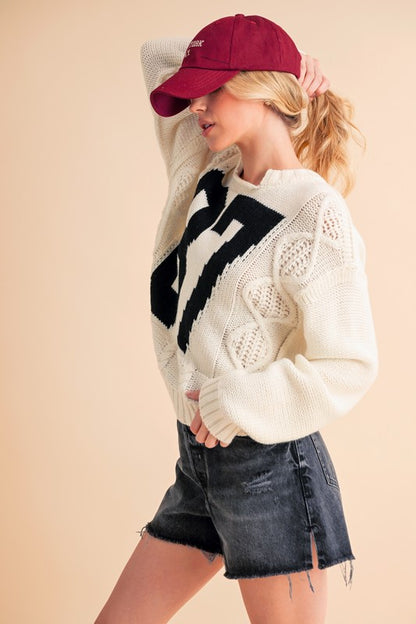 Contrast Number Cable Knit Drop Shoulder Sweater