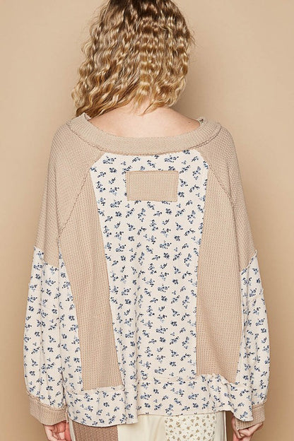 Waffle Knit Floral Notched Long Sleeve Top