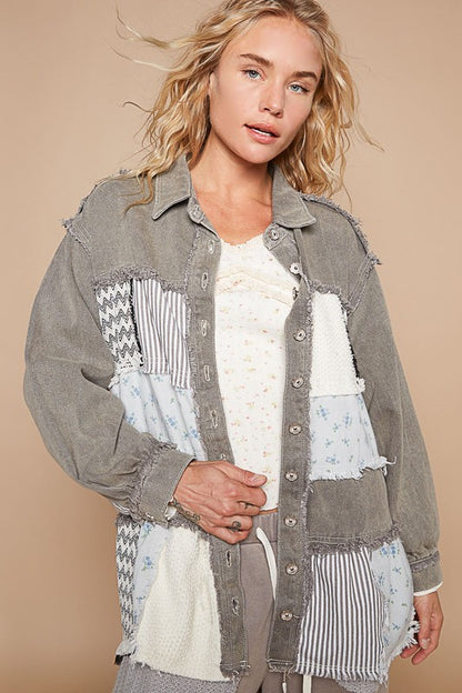 Raw Hem Patchwork Dropped Shoulder Jacket